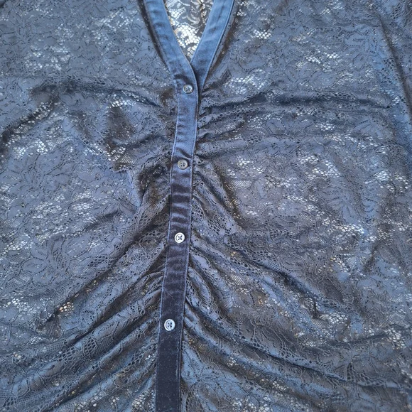 Lane Bryant Black Lace Button Front Top Size 20 Sheer Ruched Blouse Velvet Trim - Picture 5 of 14